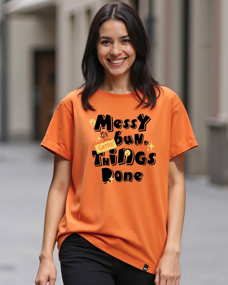 bewakoof Women's Orange Messy Bun Typography Boyfriend T-shirt - Image 1